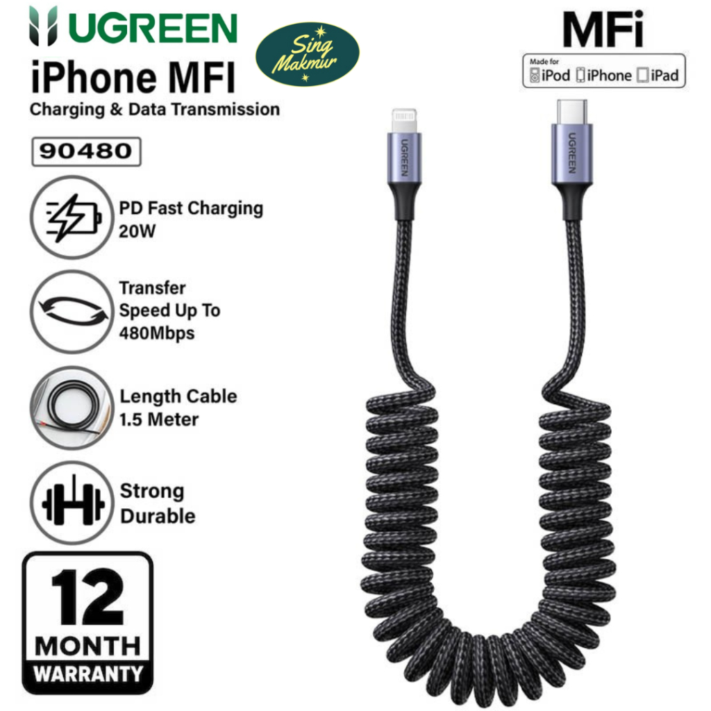Ugreen MFI USB C to Lightning Coiled Cable 1,5M - 90480