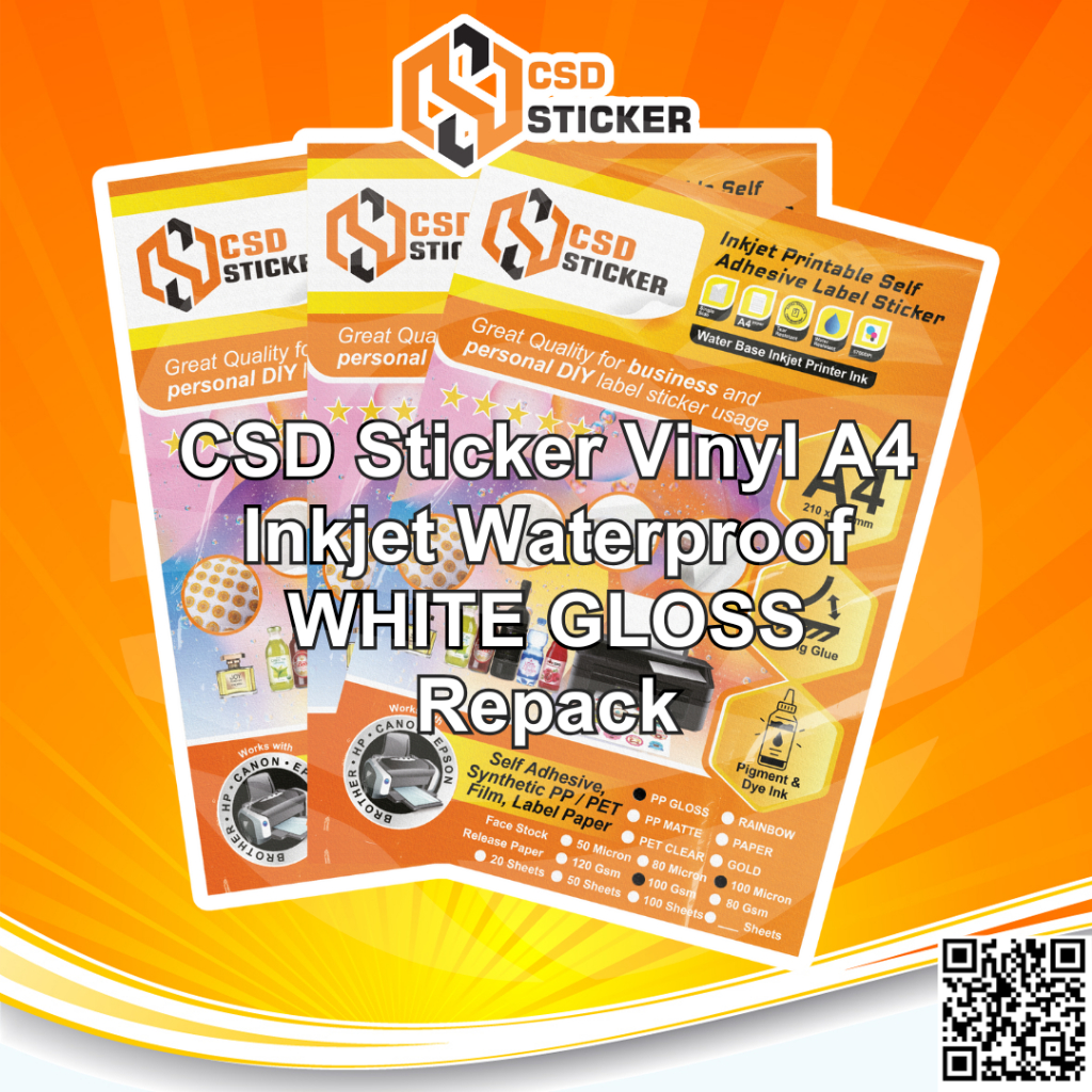 

CSD Sticker Vinyl Inkjet A4 Waterproof Synthetic PET/PP Film Transparan/Gloss/Matte/170gsm Stiker Premium Anti Air Repack 20