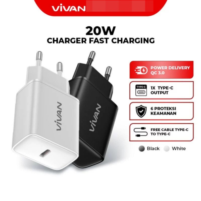 VIVAN POWER C20C || POWER C20L Charger Type-C+ Kabel Type-C to Type-C || Iph