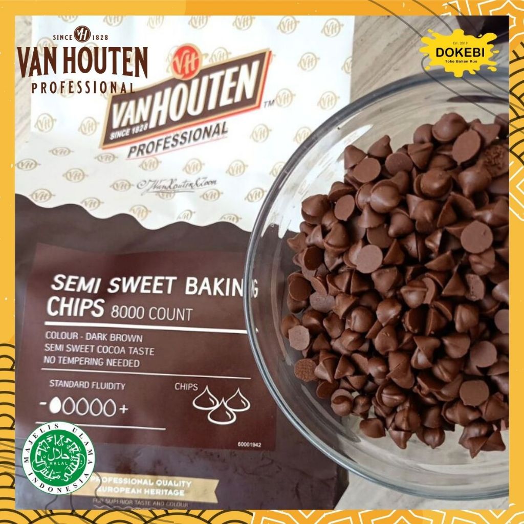 

Van Houten Chocochips Semi Sweet DARK COMPOUND Chips [250g, 100g] / Cokelat Compound Hitam Butir