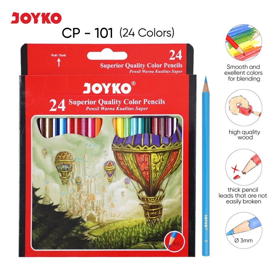 

Pensil Warna 24 Warna Joyko Superior Quality Color Pencils CP-101 Original (1 SET) / Color Pencils 24 Colors Superior Quality Pensil Warna Berkualitas Super Joyko CP101 Per Set