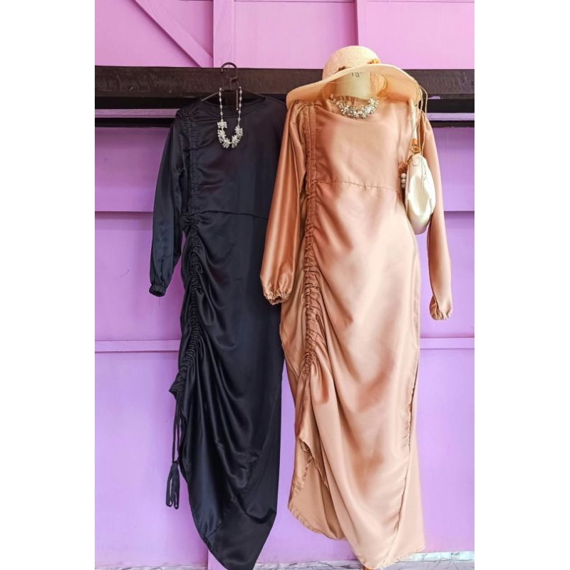 Longdress/dress/gamis satin serut premium pesta/kondangan/lebaran/hari raya