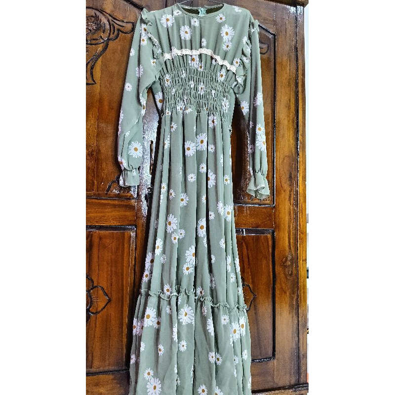 Gamis pinggang karet warna sage ld 120 panjang 140