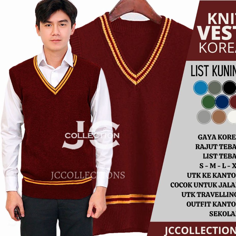 Terkini Rompi Rajut Korea List Kuning  Vest Knit Rompi Kantor Kerja Korea Seragam  Rompi Vest Rajut 
