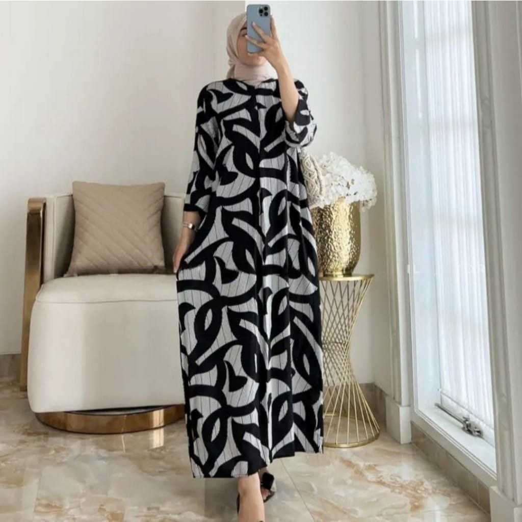 Gamis Hitam Putih Lengan Panjang, Gamis bermotif, Gamis Daster Viral, Daster Gamis Lengan 3/4  Matt 