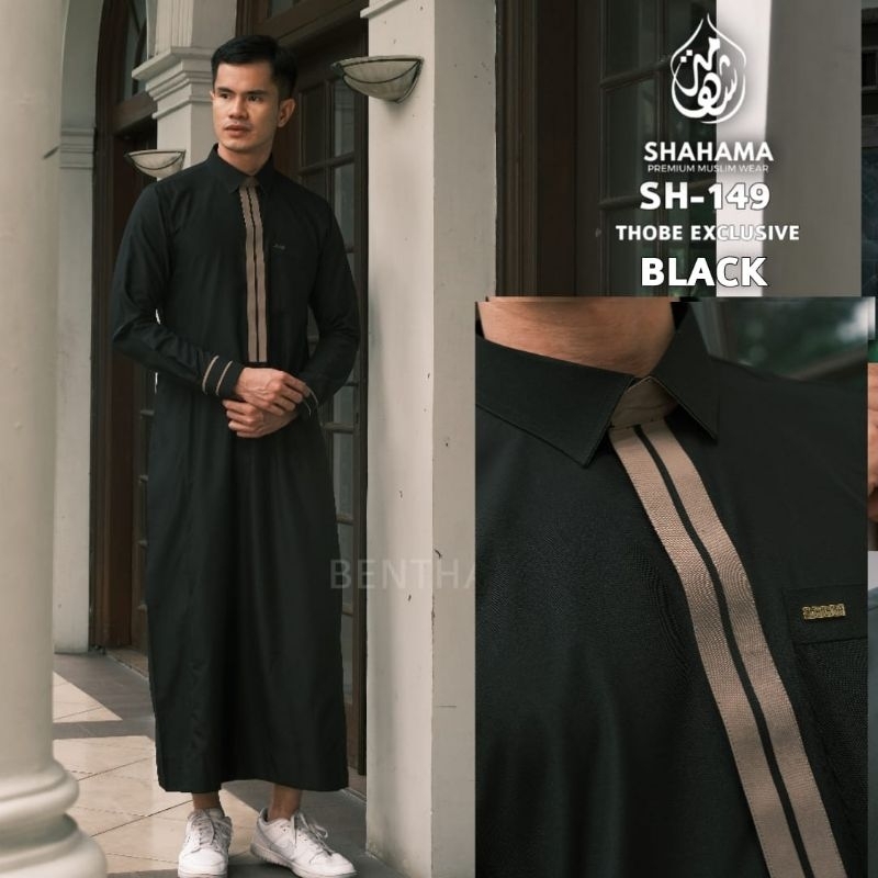 Thobe Shahama SH-149 Black Hitam Couple Exclusive Baju Gamis Jubah Pria Dewasa Lengan Panjang