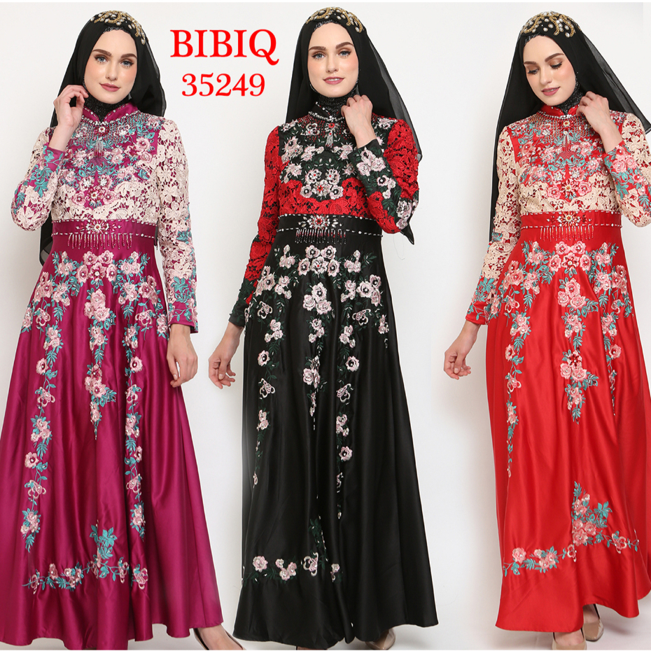 BIBIQ Gamis Pesta Mewah bahan Brokat Bordir Mote kombinasi Satin 35249