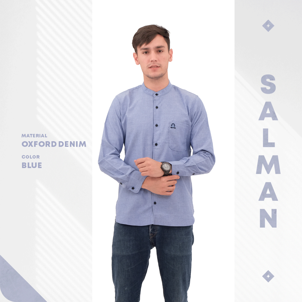 Pakaian Pria Kerah Chiangi Polos Koko Dewasa Bahan Oxford Denim Blue
