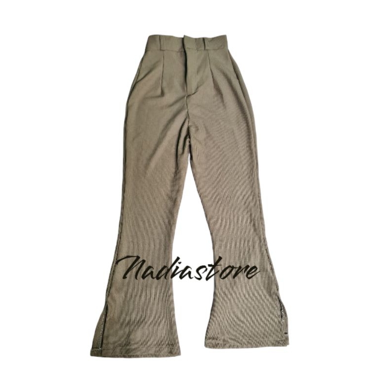 kulot wanita Waffle slit_ celana knit Rib panjang