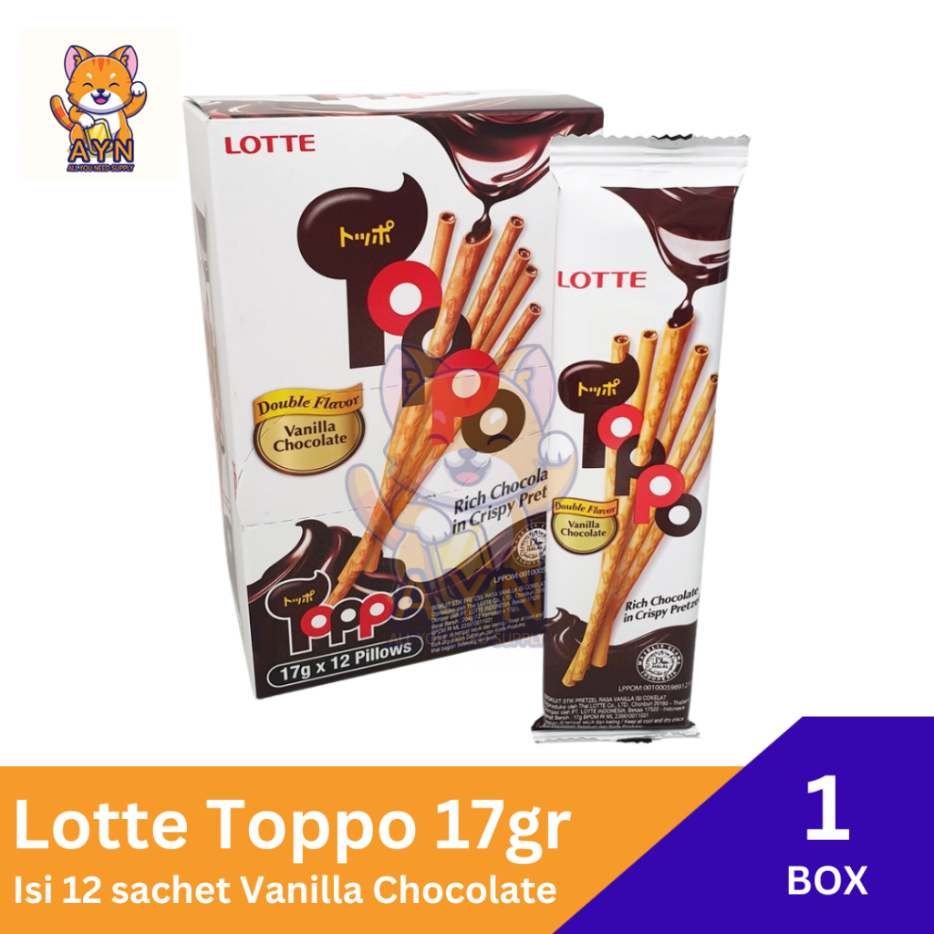 

Lotte Toppo Pretzel Stick with Filling Vanilla | Chocolate 17 gr [ 1 box isi 12 sachet ]