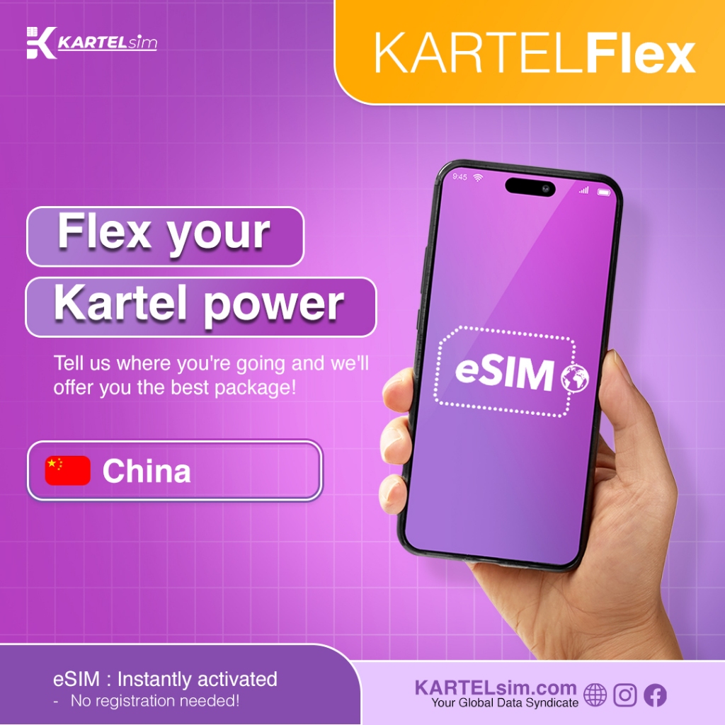 KARTELsim eSIM China | KartelFlex Unlimited Harian 1gb cap 4G 1-8 hari