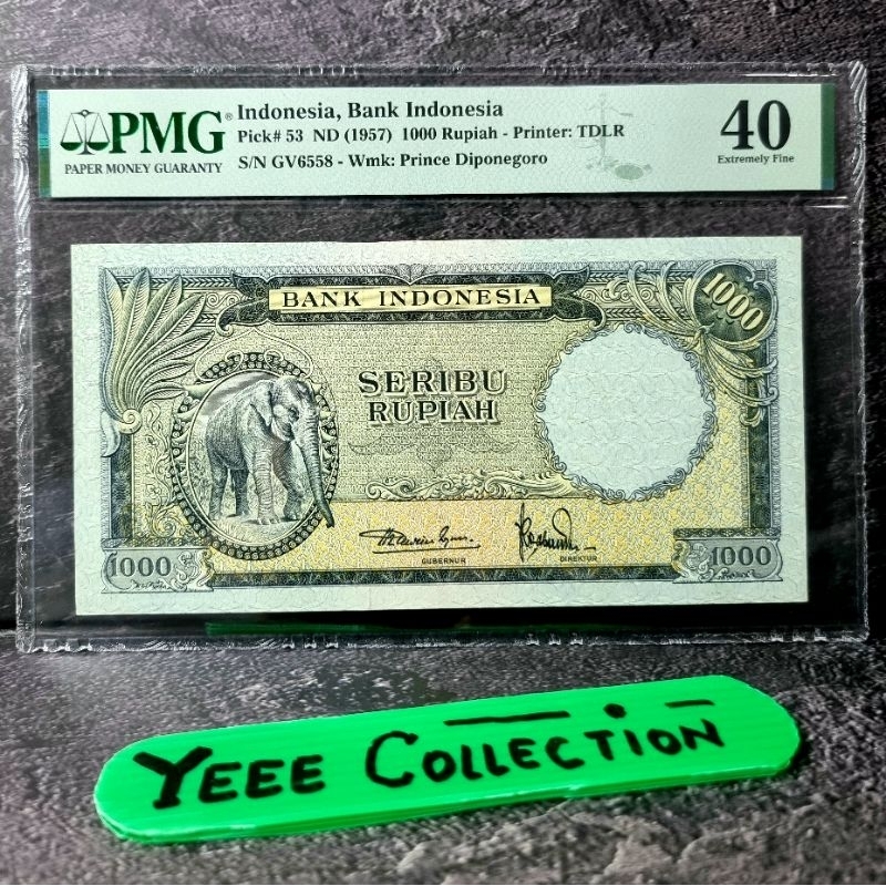 Uang Kertas Kuno Gajah 1000 Rupiah PMG 40 Seri Hewan - GV 6558