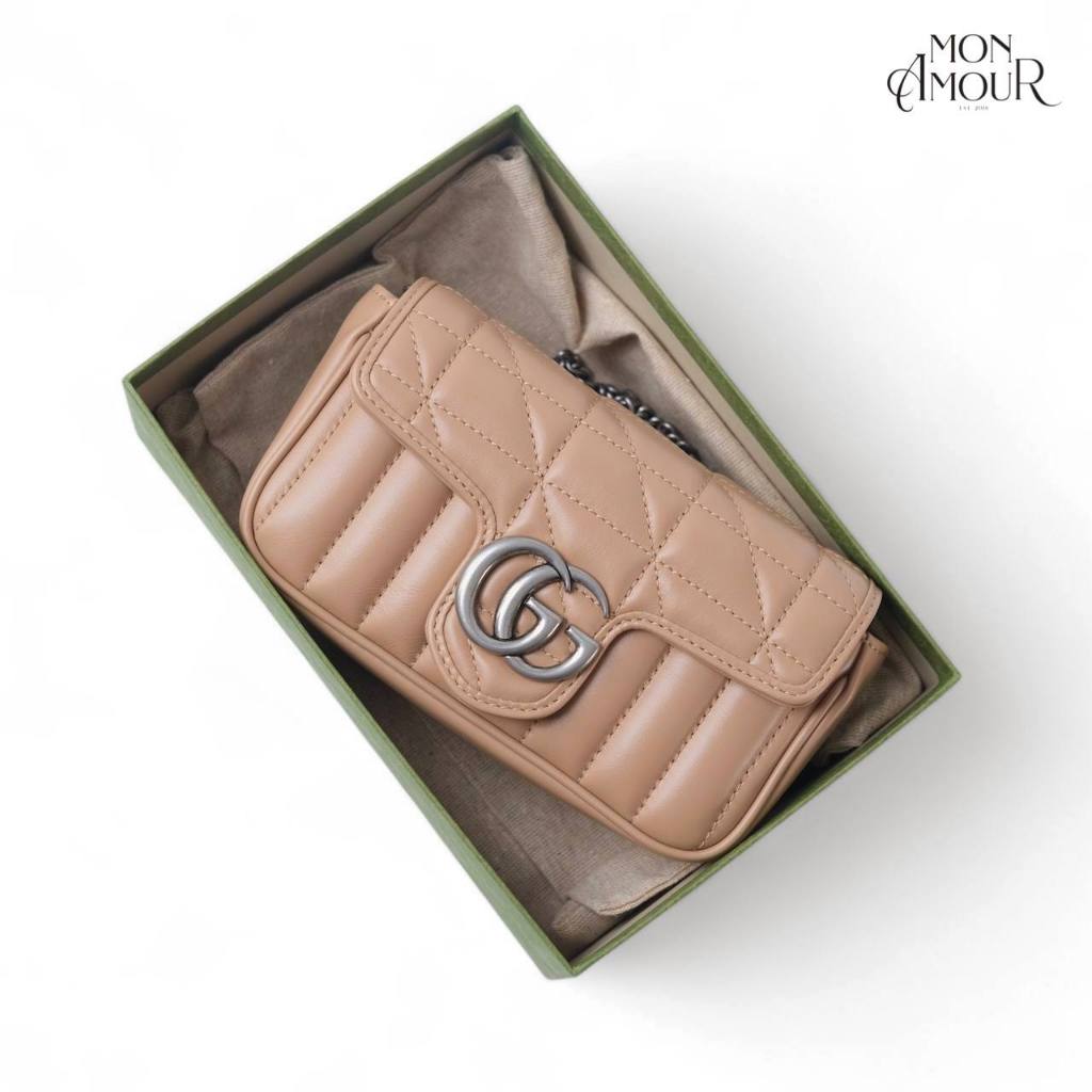 [READY STOCK] G*CCI GG MARMONT MATELASSE SUPER MINI FLAP BAG in ROSE BEIGE