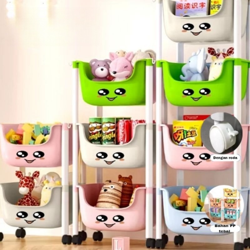 【VALUEDA】Rak Troli Susun Plastik Rak Penyimpanan Mainan Anak Rak Buku Serbaguna Rak Dapur Dorong Rak