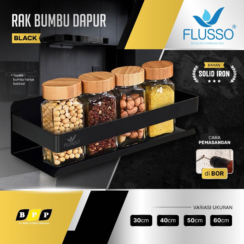 FLUSSO Rak Tempat Bumbu Dapur Dinding Stainless | Rak Gantung Dapur Serbaguna Stainless | Rak Bumbu
