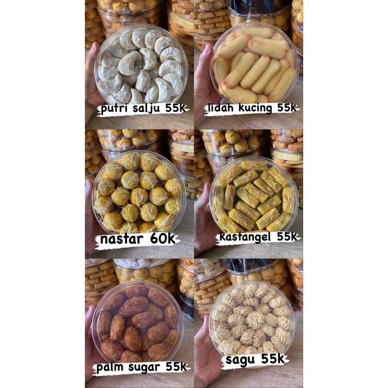 

ANEKA KUE KERING LEBARAN NASTAR KEJU KASTANGEL PUTRI SALJU PALM SUGAR THUMBPRINT