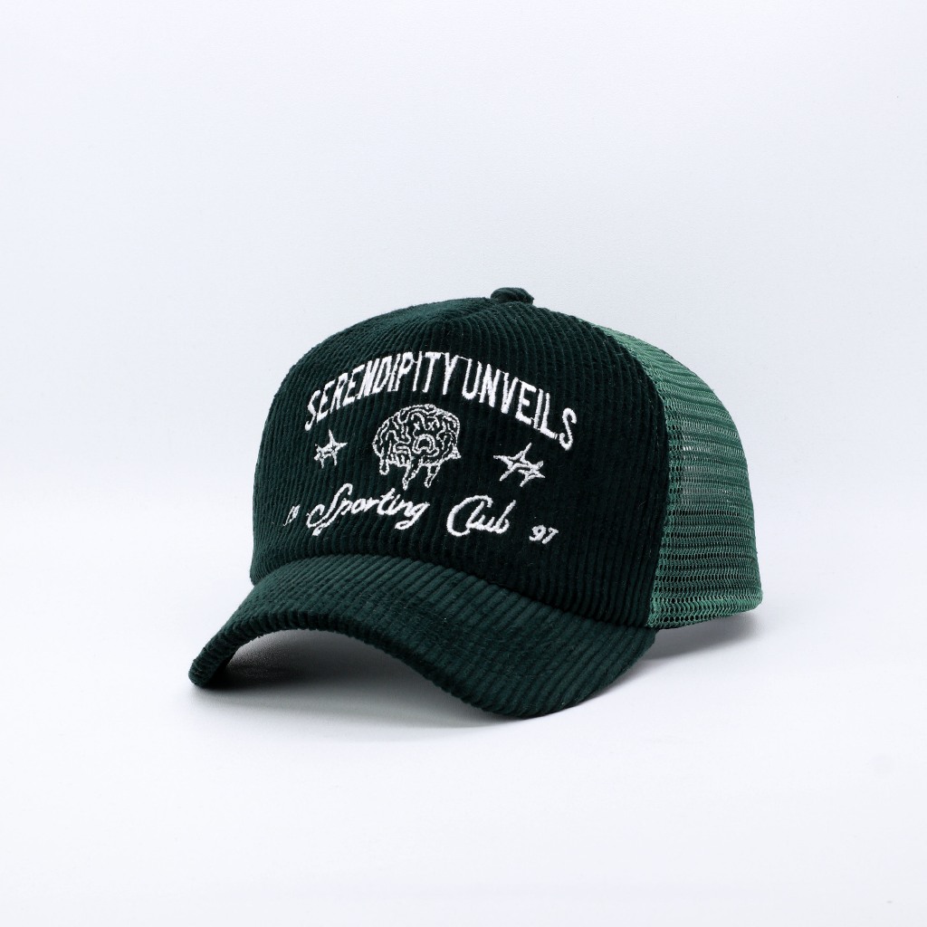 TOPI JARING TRUCKER LIDAH PENDEK BAHAN CORDUROY HIJAU BOTOL PREMIUM SERENDIPITY UNVEILS