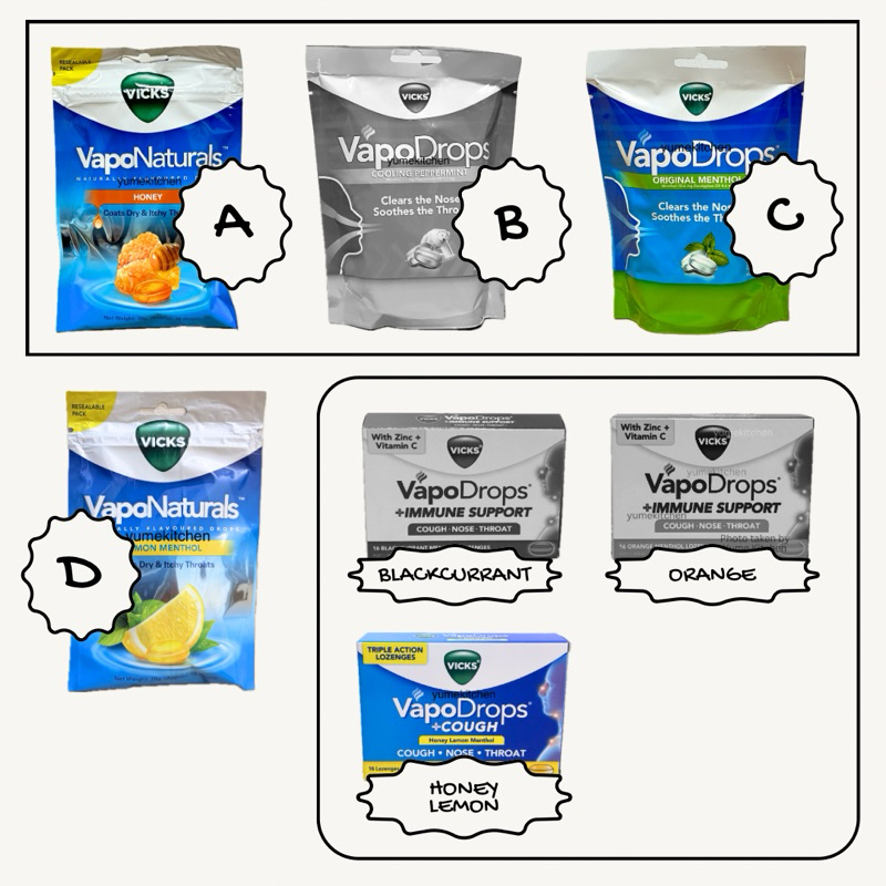 

Vicks Permen Pelega Tenggorokan ( VapoNaturals - VapoDrops ) Mint, Peppermint, Honey, Lemon, Orange, Blackcurrant, Honey Lemon, Menthol