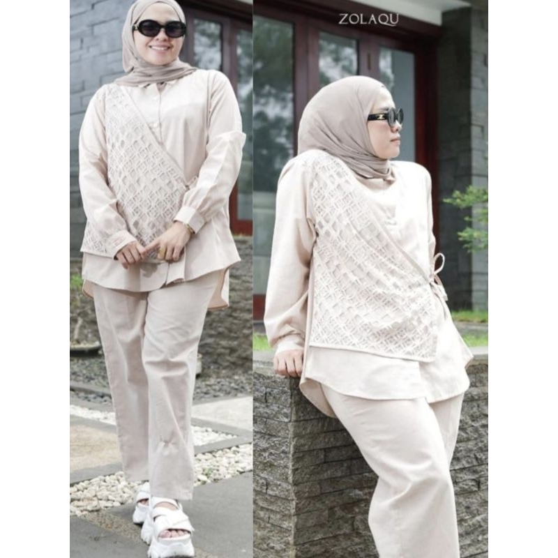 SetCel❤️Setelan Celana Kretic Cream By Zolaqu (Baru)