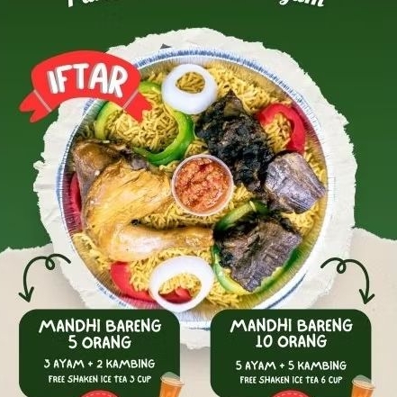 

nasi mandhi ramean 5 porsi (3ayam + 2kambing) free shaken tea 3cup