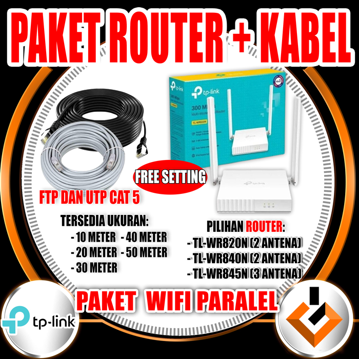 PAKET Internet Wifi Pararel / Router TP LINK + Kabel Lan UTP FTP 10-50M / Paket Paralel WiFi
