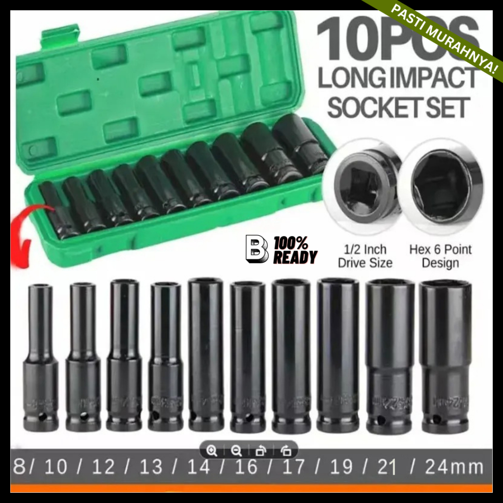 Mata Kunci Shock Set 10 Pcs / 8-24MM Kunci Sok Set Mata Kunci Impact / Set Kunci Sok Kunci Shock