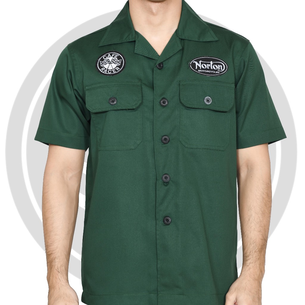 WORKSHIRT / KEMEJA HIJAU LENGAN PENDEK LOGO PATCH MOTOR