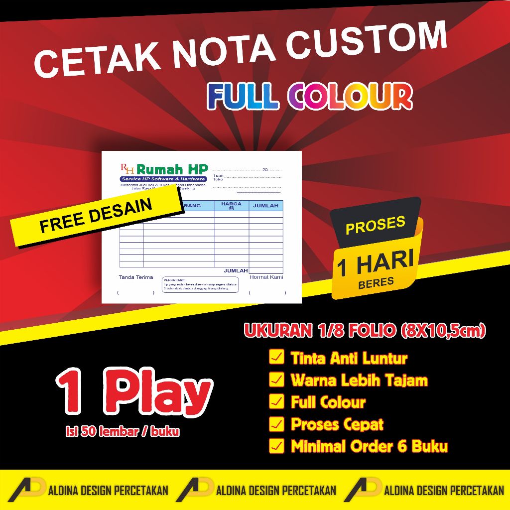 

Nota Custom 1 Ply / Satu Rangkap bisa satuan tinta anti luntur