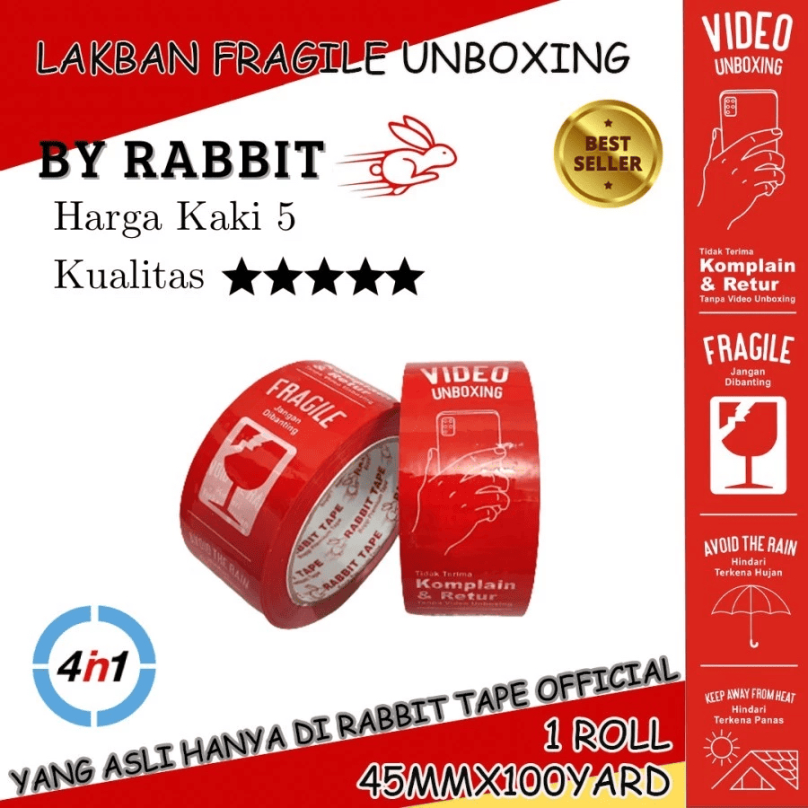 

Lakban Fragile Putih Rabbit Tape 45mm x 100 yard [DUS]