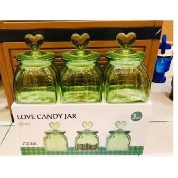 TOPLES KACA LOVE CANDY JAR  SET 3 PCS | TOPLES LEBARAN MEWAH WARNA HIJAU 730 ML | TOPLES VIRAL MURAH