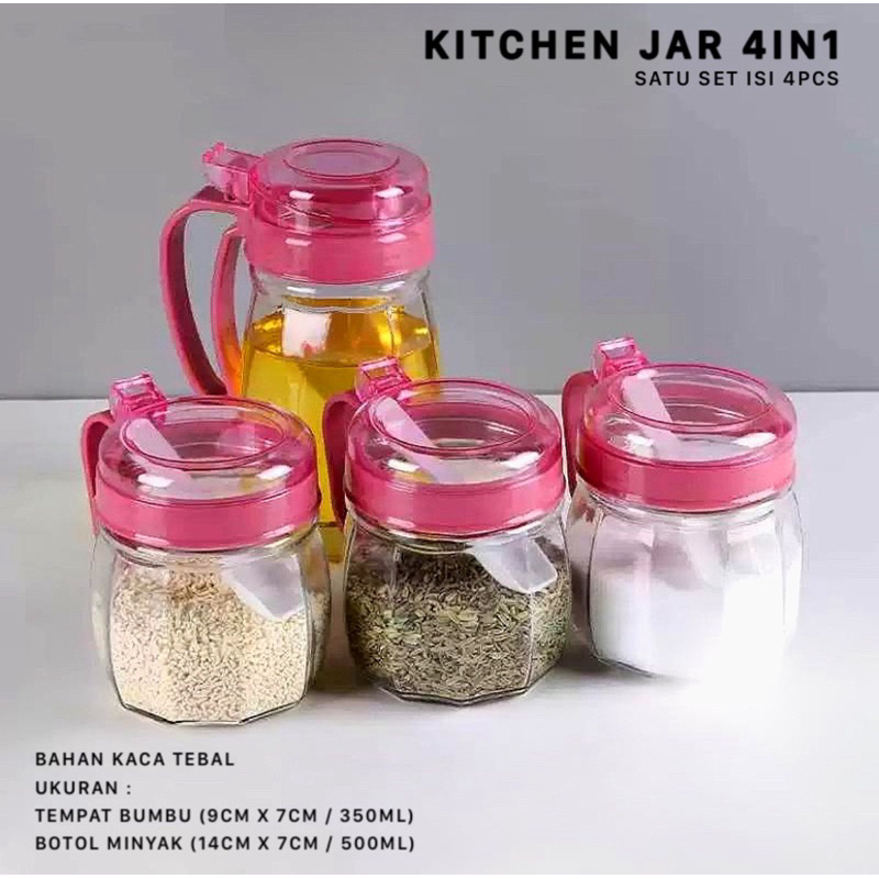 Botol Minyak & Tempat Bumbu Set Isi 4 Pcs Bahan Kaca Toples Garam Dapur Tempat Bumbu 4in1 Oil Pot Se