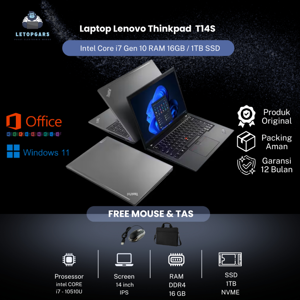 Laptop Lenovo T14s Intel Core i7 Gen 10 RAM 16GB / 1TB SSD Layar 14 Inch IPS
