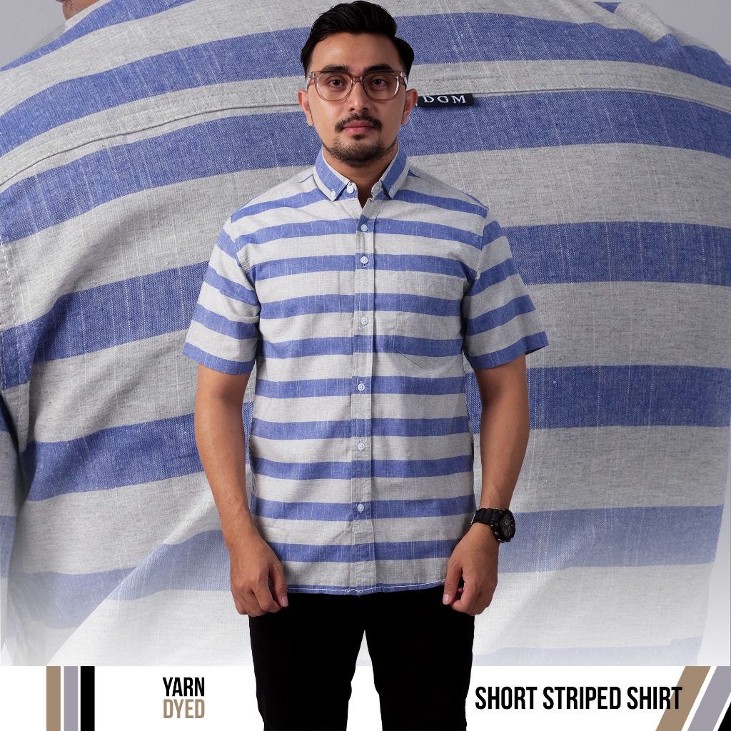 DGM Kemeja Pria Salur Premium Pendek Putih Garis Salur Biru 2782