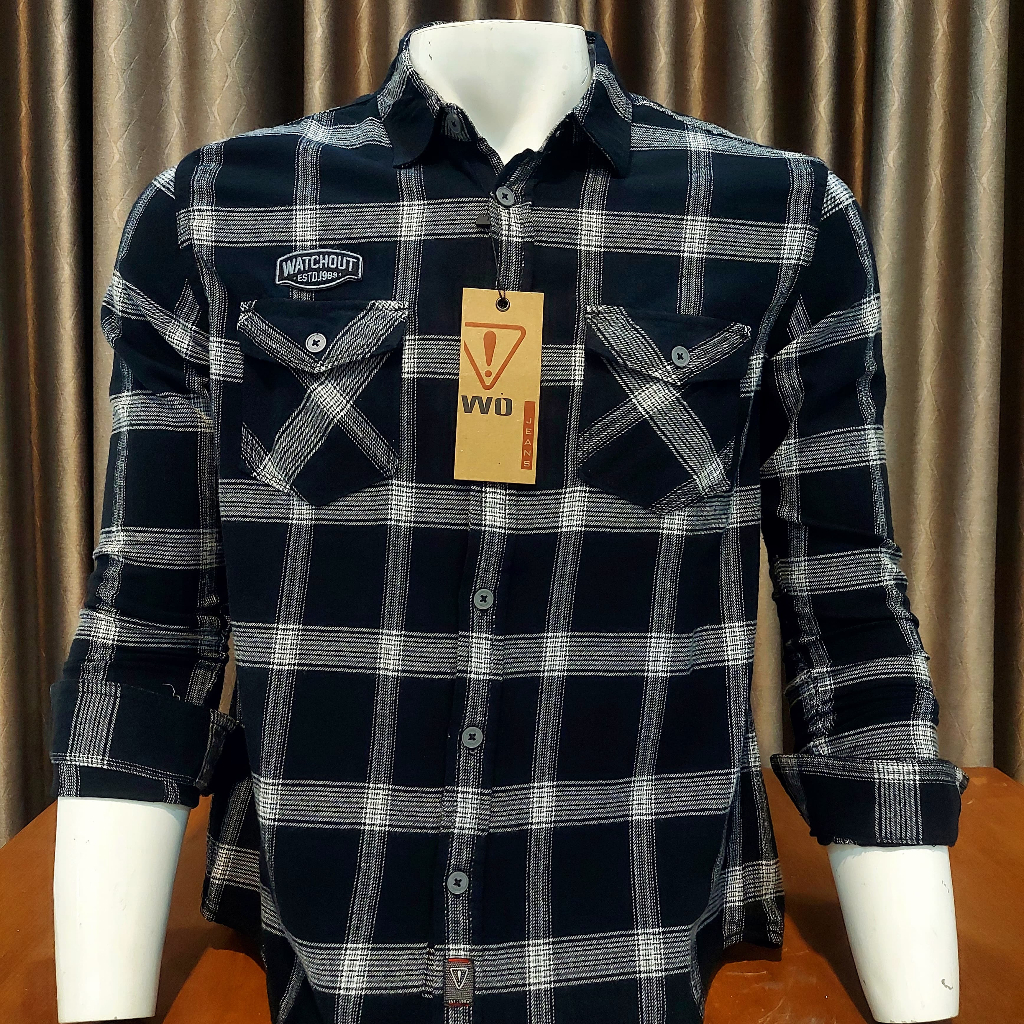 Watchout JS302850101 Kemeja Pria Lengan Panjang Garis Kotak-kotak Hitam