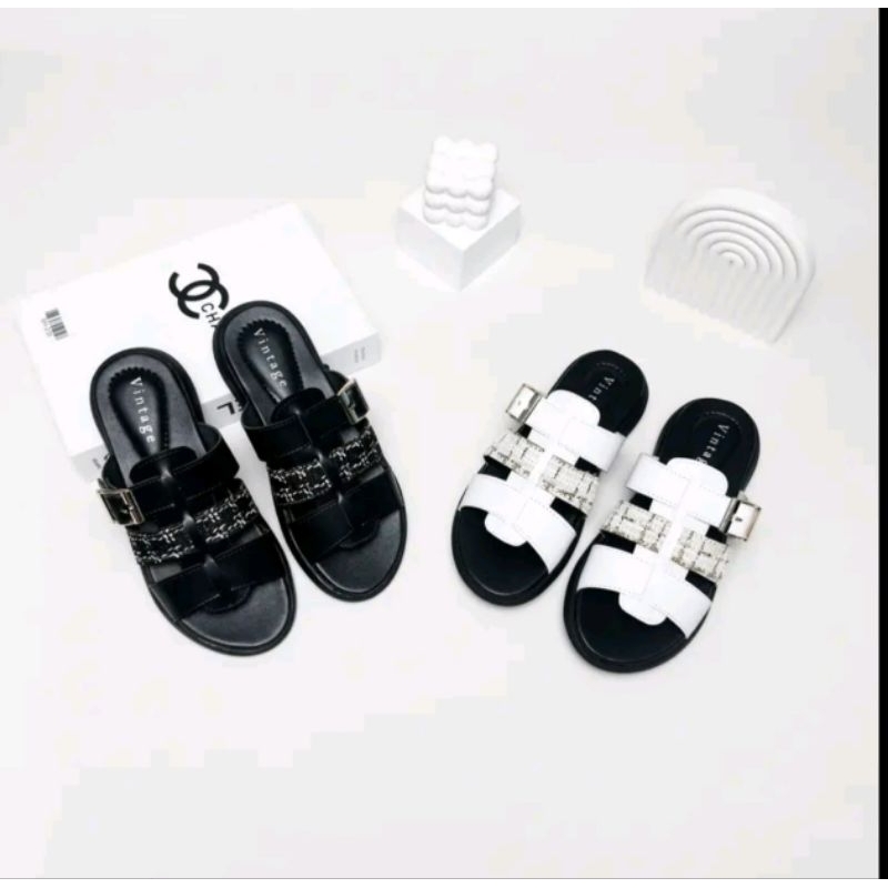 Vintage Sandal Slop Wanita Rajut Sandal Wedges Hak Tinggi 3 cm Perempuan Karet Cewek