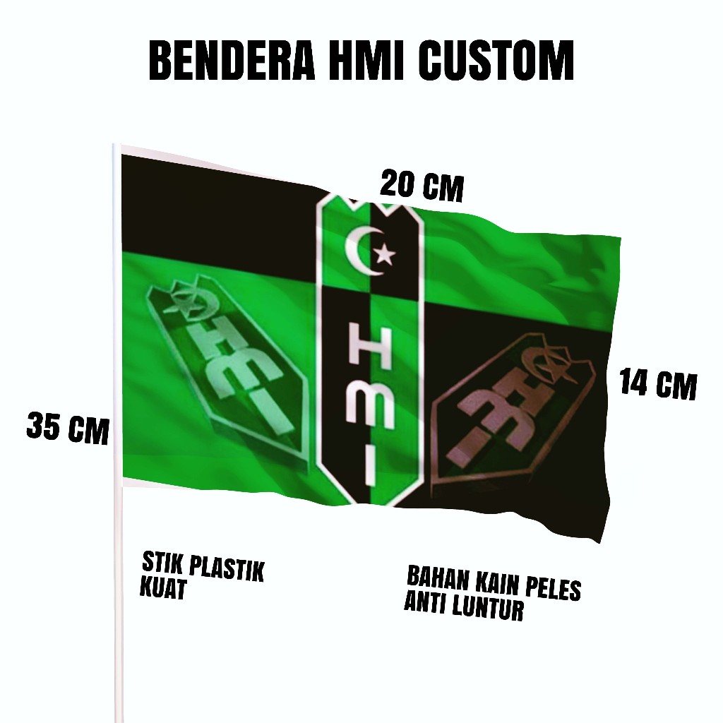 Bendera Tangan HMI Custom Nama dan Logo Bahan Kain Ukuran 20x14 cm