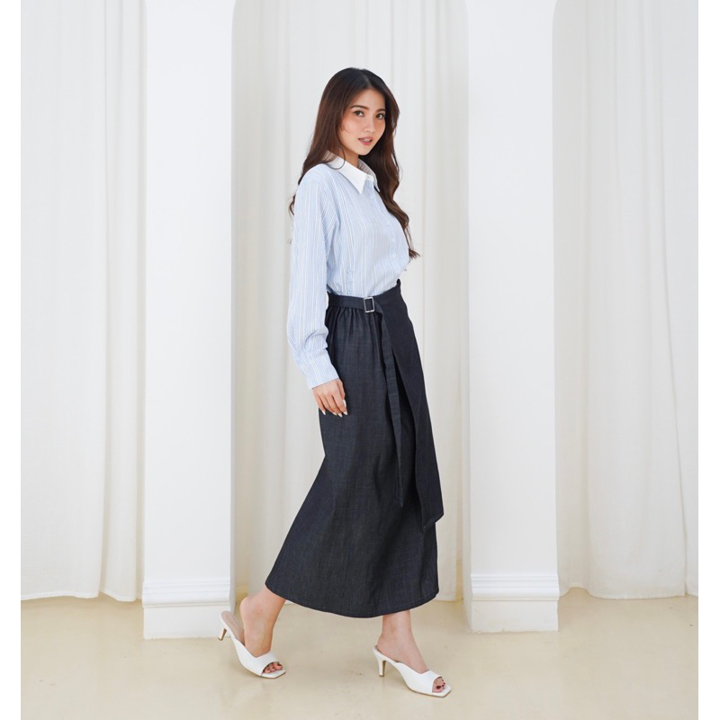 Isla Wrap Skirt - Rok Denim Lilit hitam panjang long skirt Eleven Eleven