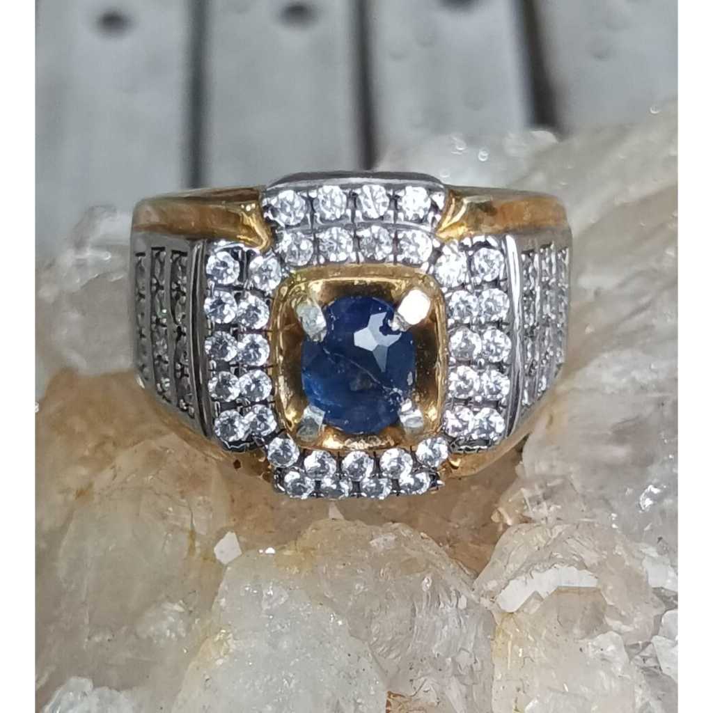 Natural Blue Safir Ceylon Ring Perak 925 HM Mewah