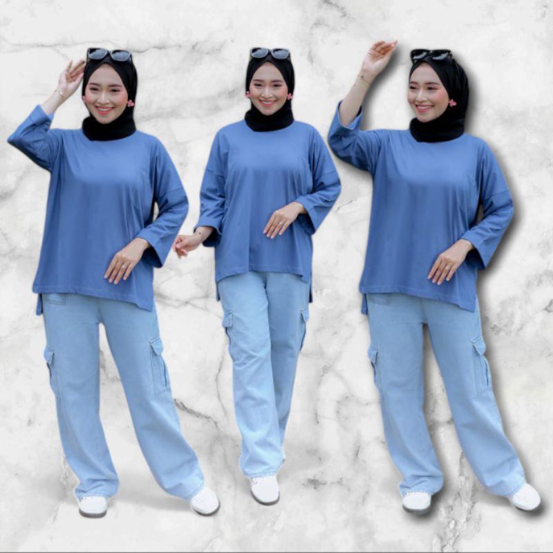 Tunik kaos polos wanita pocket biru katun combad 24s lembut nyaman digunakan untuk sehari hari