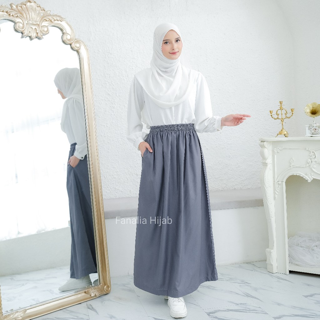 Fanalia Hijab Rok Panjang Wanita Kerja Formal Kuliah Pinggang Full Karet Model A-Line Bahan Katun To