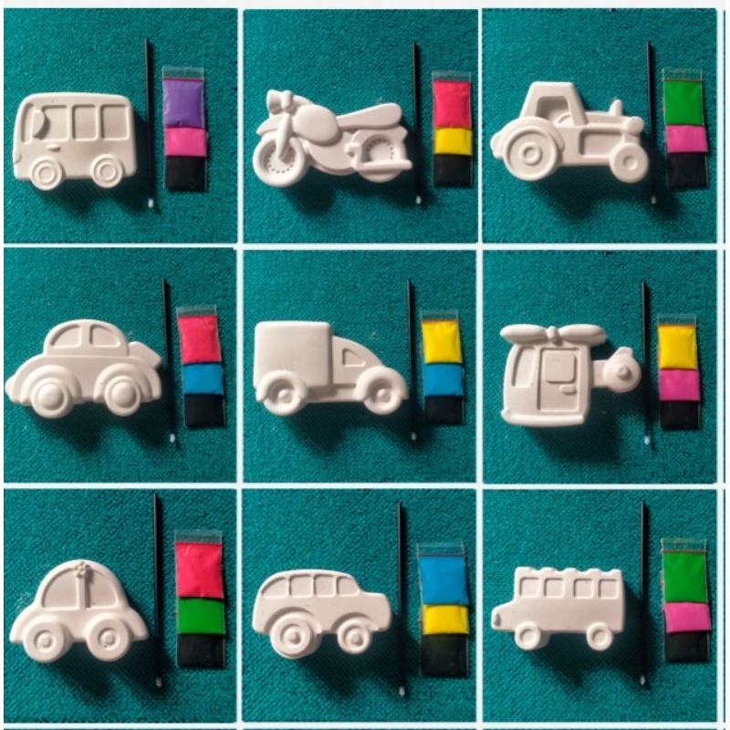 Mainan edukasi anak, mewarnai patung lukis gypsum, karakter kendaraan, mobilan, motoran dll