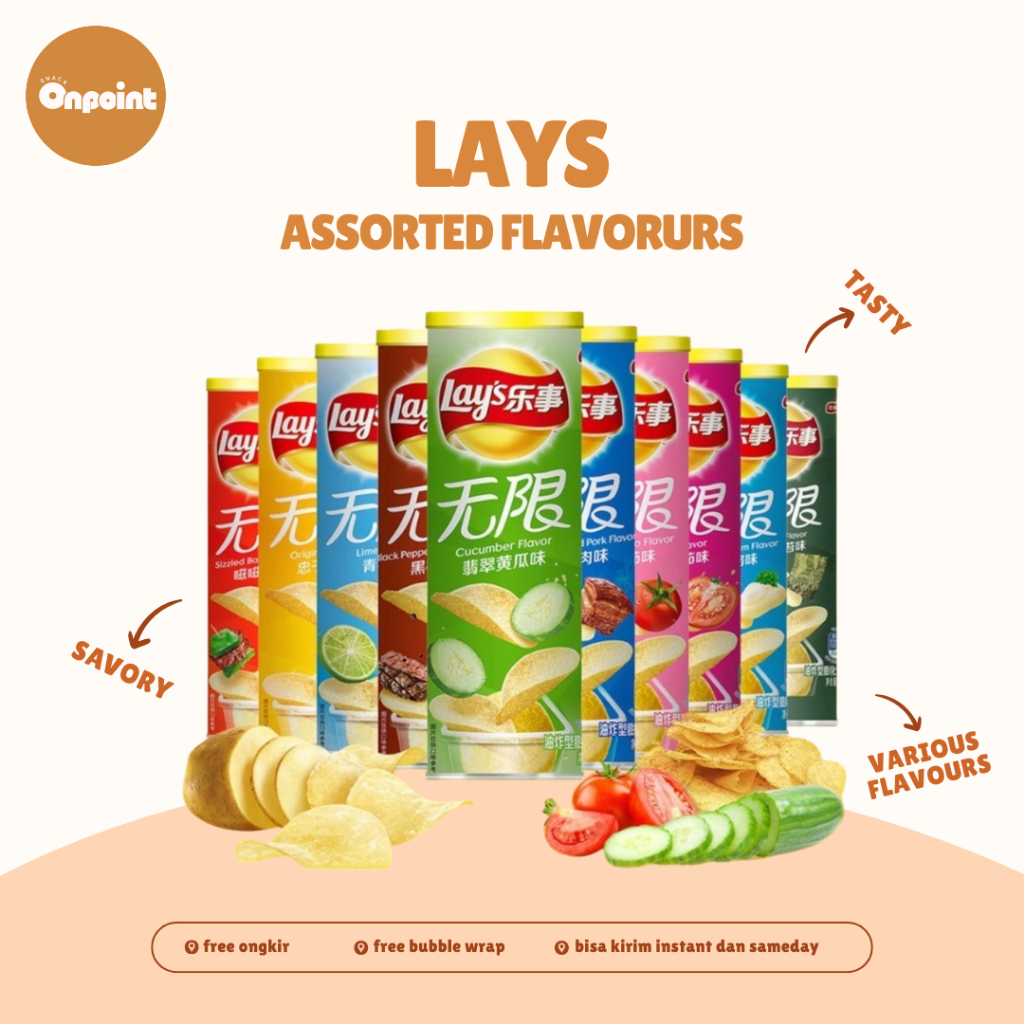 

Lays Potato Chips Assorted Flavors (Can) | Keripik Kentang Renyah Aneka Rasa