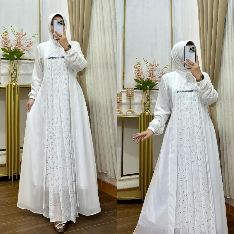 Gamis Terbaru Set Hijab Ceruty Babydoll Motif Kombinasi Ceruty Polos dan Tulle