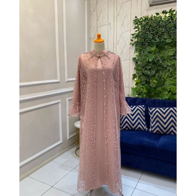 Setelan Cardigan Pesta Tile Payet Dress Kondangan Muslimah Baju Gamis Wanita Mewah Brokat Motif Bung