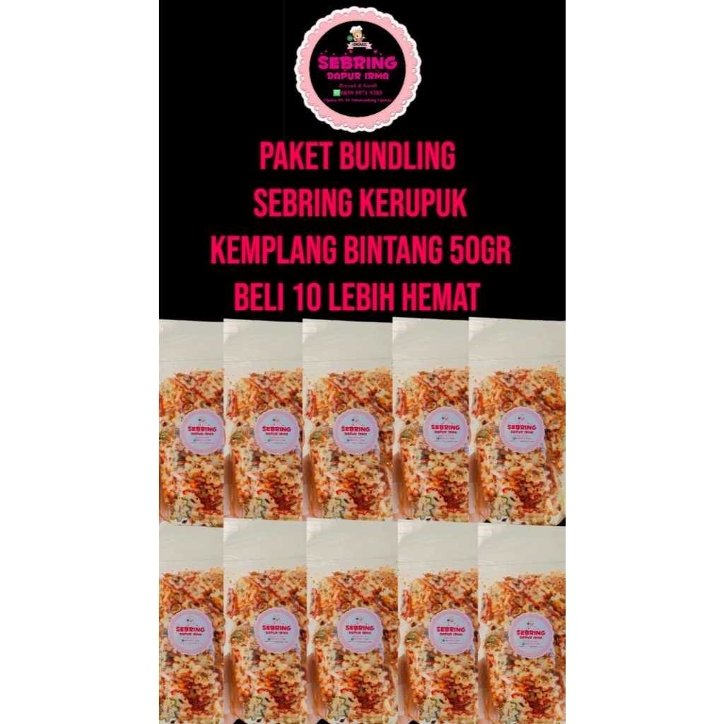 

SEBRING KERUPUK KEMPLANG BINTANG ORIGINAL PEDAS & EKSTRA PEDAS 50GR BUNDLING10 POUCH LEBIH HEMAT