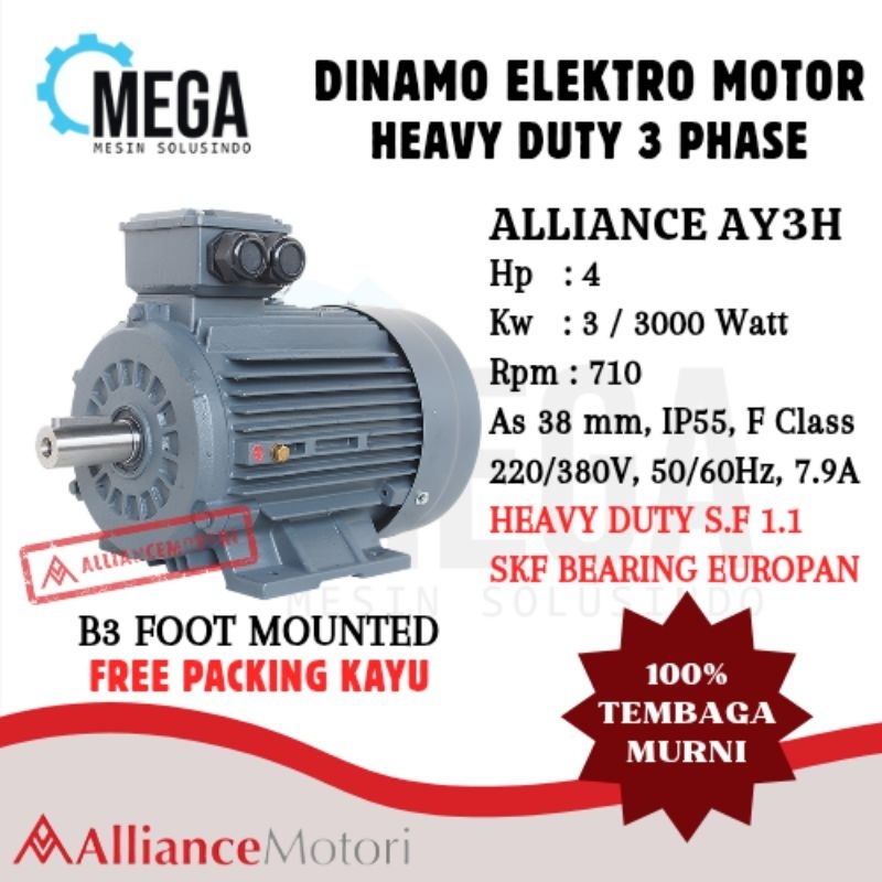 Alliance Dinamo 3 Phase 4 HP 3 KW 700rpm HEAVY DUTY -- AY3H 8 Pole Electro Motor Duduk B3 Foot S1 Du