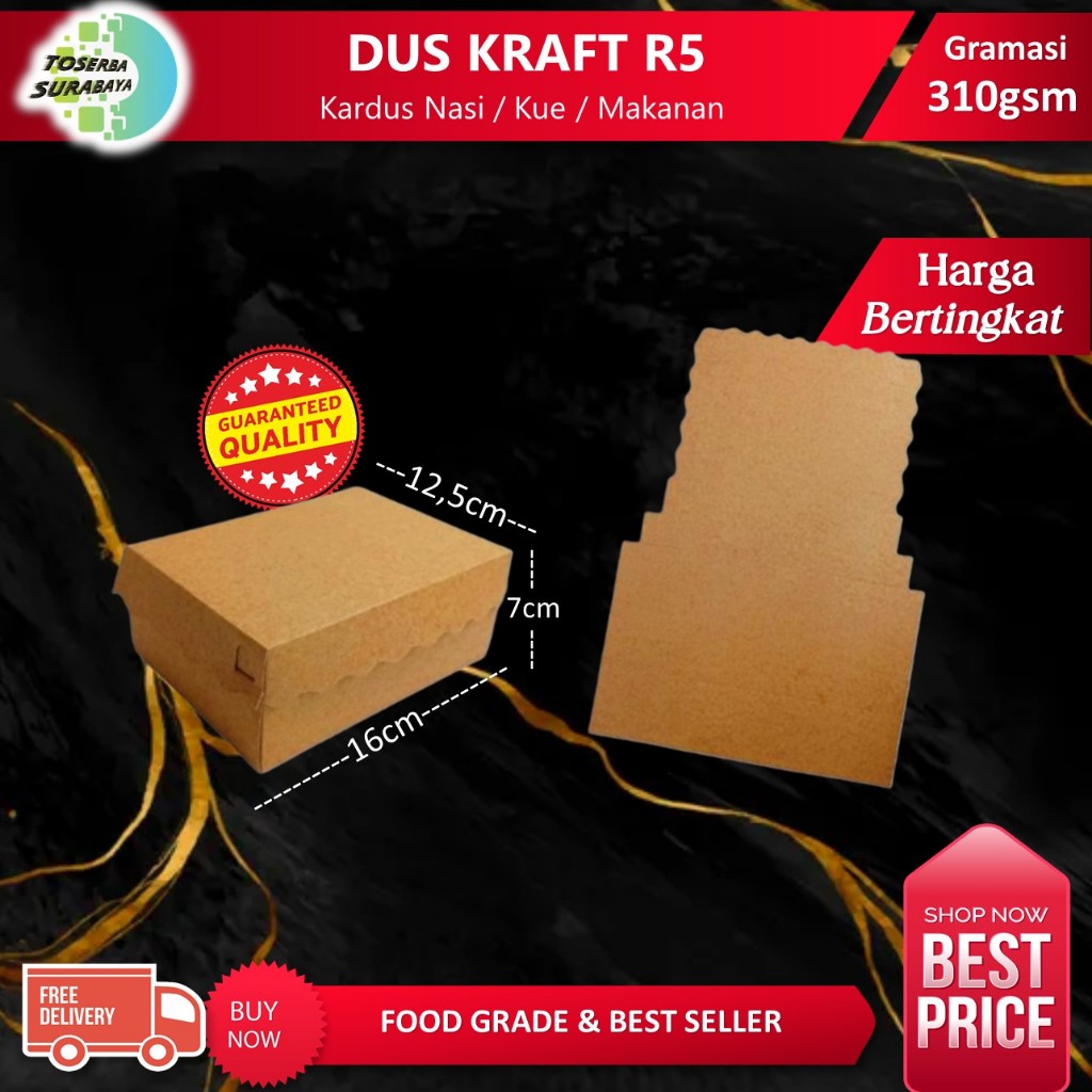 

DUS Kraft R5 310gsm (16x12,5x7) - Dus Coklat Untuk Snack & Kue - Tersedia Harga Pack