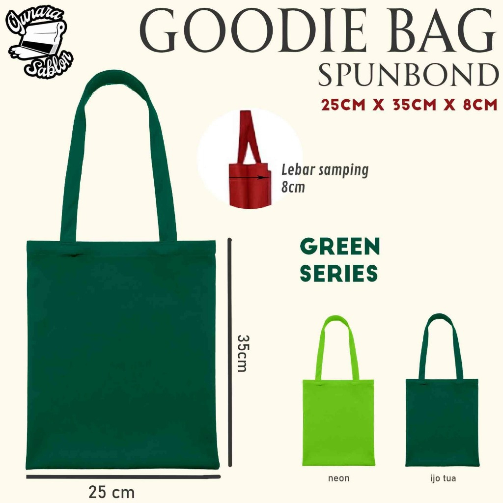 

(HARGA PER PC) POLOS hijau tua, hijau muda neon Tas Spunbond Goodie Bag polos Handle uk 25x35x8 kain range 65gsm-70gsm tas ultah tas goodiebag polos spundbond polos