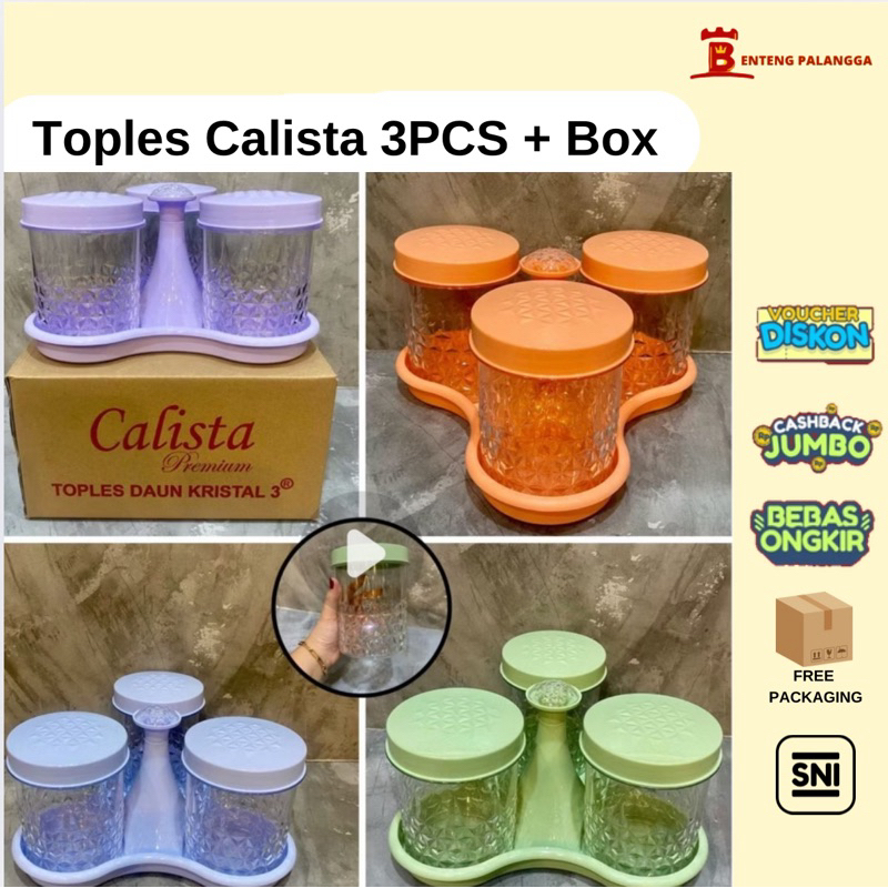 Toples Calista Daun Kristal 3 Oentoeng Set 3 pcs/ Toples Set Kristal Warna Biru Hijau Pink Salmon/ T