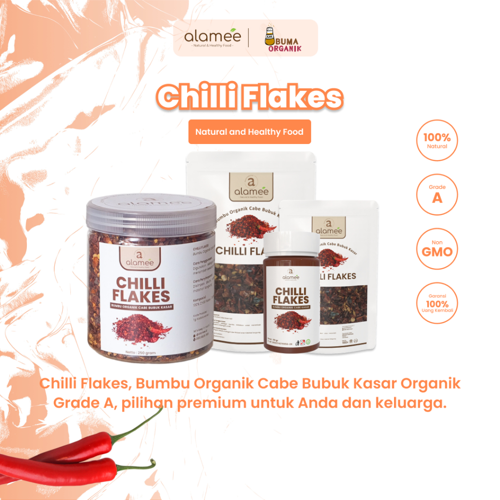 

Cabe Bubuk Kasar Chilli Flakes Cabai Bumbu Organik Rempah Rimpang Murni Asli Tanpa Campuran 50gram dan 100gram